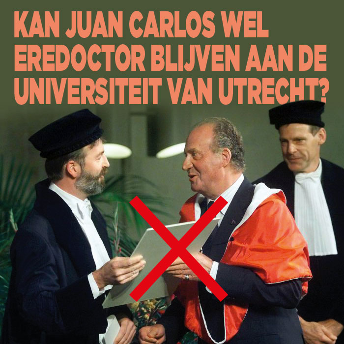 Juan Carlos|Koning Juan Carlos ontvangt een eredoctoraat van de Universiteit van Utrecht uit handen van prof. Kummeling.|Juan Carlos en zijn vrouw maakten een wandeling door de Utrechtse binnenstad. De Spaanse koning ontving in 2001 een eredoctoraat. Ze werden begeleid door de toenmalige burgemeester Annie Brouwer.