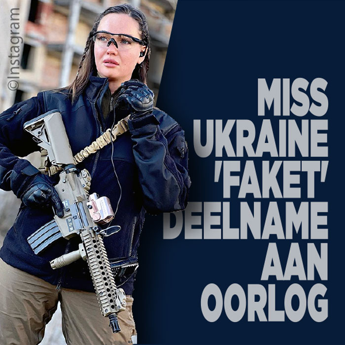 Miss Ukraine poseert met fakegeweer