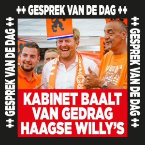 Ministers in hun maag met Haagse Willy die handen schudt